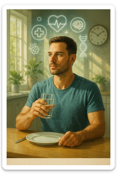 A realistic, cinematic illustration of a healthy, calm man in his early 30s sitting in a bright kitchen in the morning, with an empty plate in front of him and a glass of water in his hand, looking serene and focused. Behind him, the background shows subtle symbols of health: green plants, sunlight streaming in, and a blurred wall clock showing 10:00, symbolizing the fasting window. Above the man, a translucent overlay of medical icons (heart, brain, DNA strand) glows softly, illustrating that intermittent fasting acts as a powerful medicine, not merely a diet. The color palette is fresh and natural, emphasizing health, clarity, and focus. The style is realistic with slight cinematic tones, conveying that the man is using intermittent fasting as a tool for cellular regeneration, inflammation reduction, and health optimization rather than weight loss sticker