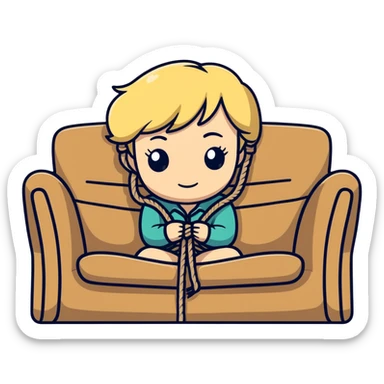 Blonde girl, tied in lots of rope, on sofa sticker