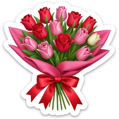 Create an bouquet with red and pink roses and tulips inside a white flower bouquet with red ribbon around it sticker