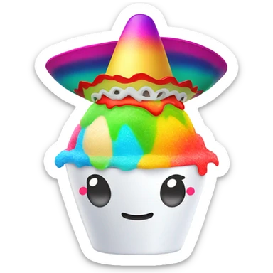 Shaved ice character in a white cup with arms and legs with a rainbow head and a Mexican sombrero  sticker