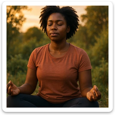 realistic style portrait of a black woman meditating, with a nature background and warm light sticker