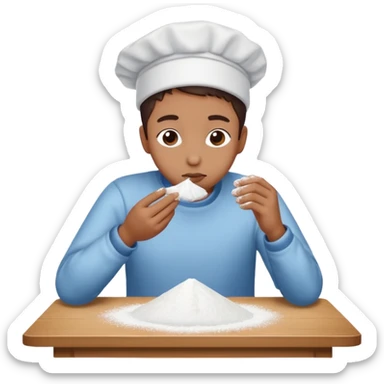 Person sniffing powdered sugar on a table close sticker
