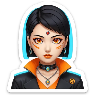 Cyberpunk Japanese woman, mid-50s looking young, sharp features, sleek black hair, glowing orange eyes, expensive tech jewelry, vengeful expression, neon highlights, dark background. sticker
