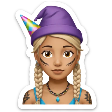 braided and tattoedbraided with lots lots lots of face tattooes and a party hat sticker