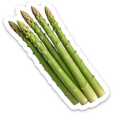 asparagus spears, bundled, green with tight pointed tips, stalks fade to pale at base, smooth surface, faint vertical ridges, natural color, stems aligned and slightly curved, no string or garnish, soft lighting, emoji scale sticker