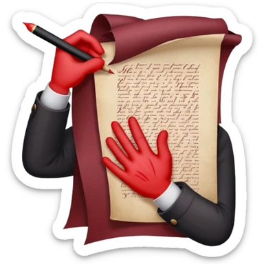 Minimalist emoji-style sticker of a pale hand signing a parchment contract titled “YOUR SOUL” in gothic font, muted red ink, grayscale background sticker