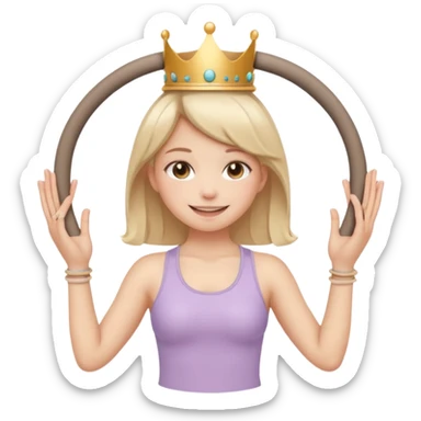 Cute emoji sticker of a girl holding a Pilates ring (magic circle) with both hands, squeezing it. She is smiling, wearing a tiny crown and beige activewear. Pastel accents, kawaii style, clean white outline, transparent background. sticker