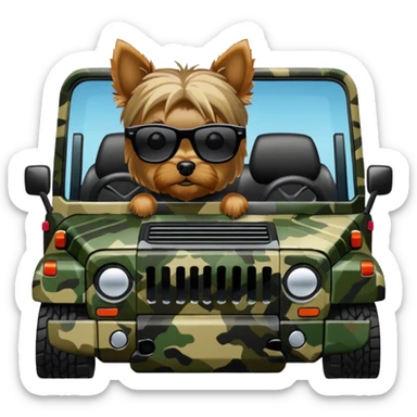 yorkie wearing sunglasses driving a camo hummer  sticker