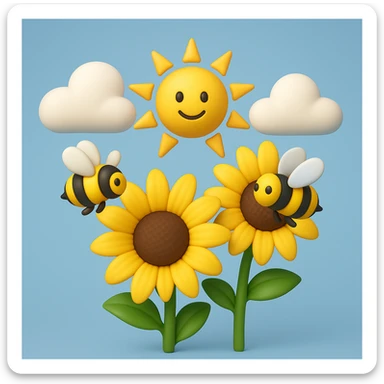3D iOS style emoji of sunflowers with bees, a sun, and clouds in the background sticker