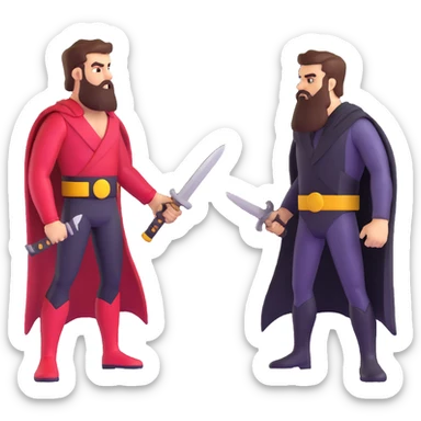 superhero comic cover with bearded hero facing off against razor-wielding villain, dramatic lighting sticker