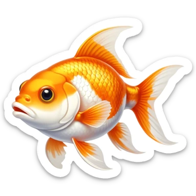 Cinematic Noble Orange and White Goldfish Portrait Emoji, Poised and regal, with a sleek, streamlined build and a vibrant body featuring a harmonious blend of orange and white hues, deep-set soulful golden eyes, Simplified yet sharp and sophisticated features, highly detailed, glowing with a soft, dignified glow, high shine, intelligent and graceful, stylized with an air of aquatic artistry, focused and attentive, soft glowing outline, capturing the essence of a watchful and confident aquatic companion, so majestic it feels as though it could glide out of the screen with effortless authority! sticker