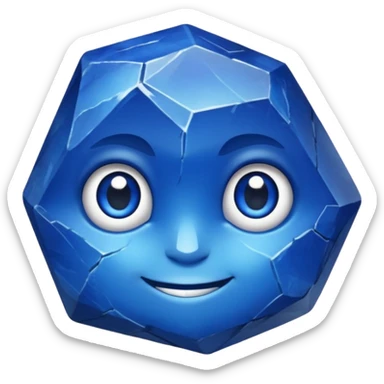 A single sapphire-blue faceted rock head, chunky and worn, with a few visible cracks and chipped facets but still shiny, big kind eyes and a confident smile, 3 sticker