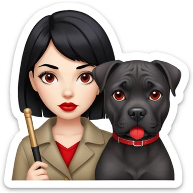 Fashionable girl with black hair and red lips with a Cane Corso dog sticker