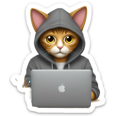 cat is a graphic designer in a hoodie and headphones, working at a computer in photoshop sticker