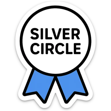 silver circle with blue ribbon and words 'Silver Circle' subtly integrated, symbolizing supportive community for professionals 45+, modern positive vibe sticker