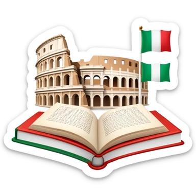 An icon featuring the Colosseum and the flag of Italy, symbolizing the Italian language. The design includes an open book with Italian phrases and a gondola, representing language learning and cultural exploration. Transparent background sticker