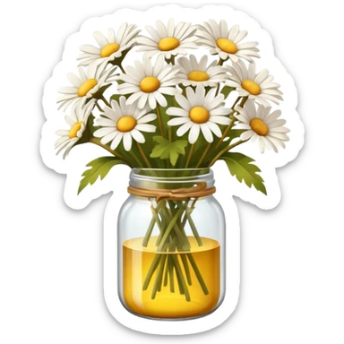 bouquet of daisies in a glass jar, brown sticker