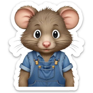 Disheveled rat wearing blue denim overalls, messy fur, looking tired and scruffy sticker
