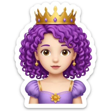Princesses kid girl, with Gold Crown and flower on purple curly hair, with white dress sticker