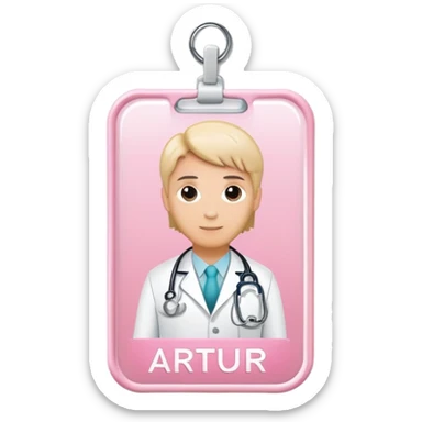 light pink doctor id badge with the name artur sticker