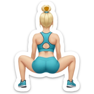 buxom blonde fitness trainer, back view, bending over, sitting on soles, SFW, sporty outfit, playful pose, no nudity sticker
