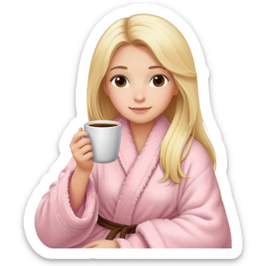 girl with long blonde hair sitting a cup of coffee wearing light pink fluffy to robe sticker