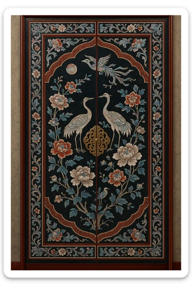 door decorated with traditional Korean mother-of-pearl art, luxurious and delicate atmosphere, intricate and colorful traditional lacquerware patterns, traditional colors and textures sticker