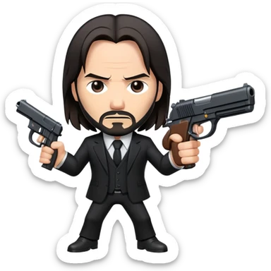 John Wick in black suit with long hair, determined expression, holding a gun sticker