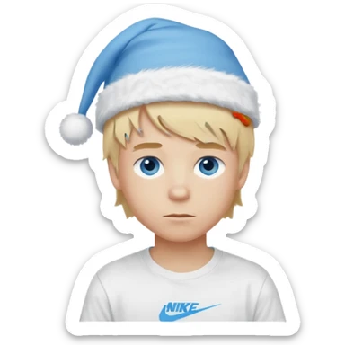 create boy blonde hair long messy, light eyes, white t shirt, rich, long hair, eyes blue, acessory head cristimas blue hat, long hair, t shirt nike sticker