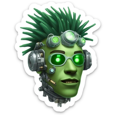 Green male cyborg head with green Mohawk, grey steampunk goggles and circuitry sticker