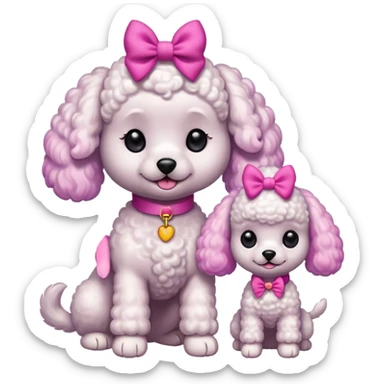 Two white toy poodle–style dogs, fluffy curly fur, round faces, black button eyes. Bright purple ears, hot-pink paws. One taller dog standing upright on hind legs wearing a large pastel pink bow on chest, one smaller round dog sitting. Cute plush emoji style. sticker