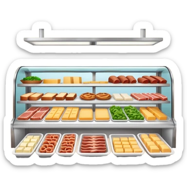 A 3D cartoon deli counter filled with meats, cheeses, and salads, bright lighting, Memoji-style realism. sticker
