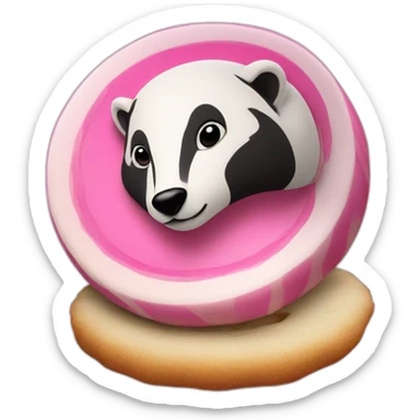 A badger with a white cookie with pink Swirl sticker