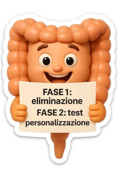 emoji stile iphone 3d di un intestino che tiene in mano un foglio con la scritta "FASE 1: eliminazione, FASE 2: test, FASE 3: personalizzazione, IPERREALISTICO 4K sticker
