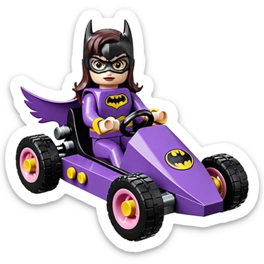 Hot full size real size-appearance electric racing action Lego BatGirl’s feminine midnight-colored tight outfit sixty’s tv show 1992 dark stealthy sporty safe plush petite off-road pursuit cruiser car rose gold accents (black hair,reclined and relaxed torso and shoulders seating position) go kart  sticker