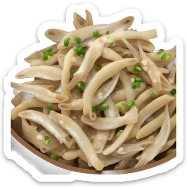 the Korean side dish stir-fried anchovies. Include a small fish, soy sauce bottle, garlic cloves, and sesame seeds in a bowl. sticker