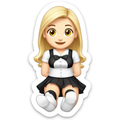 Front view full body curvy caucasian beauty sitting straight hands up black skirt white knickers white socks sticker