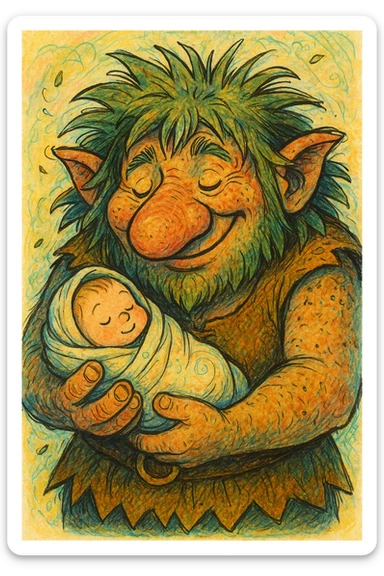 a troll holding a human baby, unique and expressive style, fantasy illustration, whimsical and cartoon style, big nose, wild hair, friendly expression, gently cradling, swaddled baby sticker