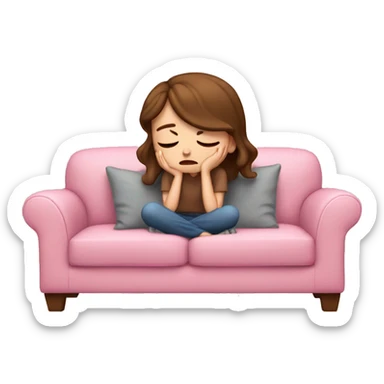 sad white girl with brown hair crying on the cozy pink couch  sticker