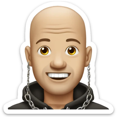 almost bald man with earrings and a chain. he has his tounge out and his two hands are foward s if he was trying to grab us sticker