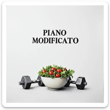 white sheet of paper with the text 'PIANO MODIFICATO', a hyperrealistic 4K drawing of a salad bowl and gym dumbbells, no background sticker