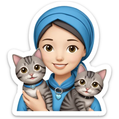 Asian White girl wearing headscarf holding a black grey tabby cat while smiling.  The cat is wearing a blue collar sticker