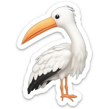  A big white stork carrying a bundle of cloth in its beak that has a cute white skinned baby face peeking out from it with black head sticker