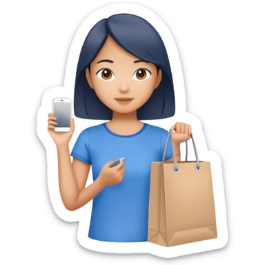 Asian girl in blue top holding a grey shopping bag sticker
