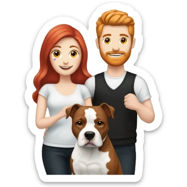 Red haired couple holding black and white English staffordshire sticker