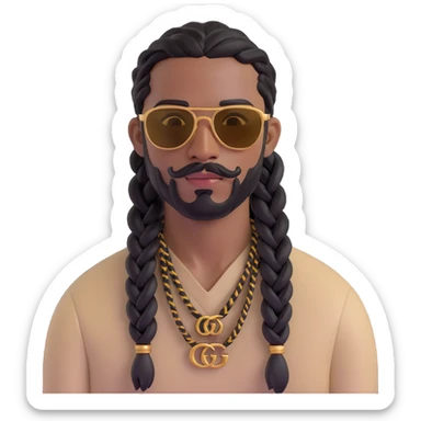 man with medium to dark skin tone, black hair braided into tight braids, neat beard and mustache, rectangular gold sunglasses, light beige Gucci top with GG pattern sticker