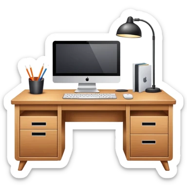 office desk with computer sticker