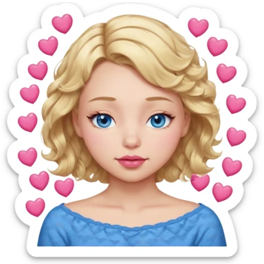 Girl Blonde short wavy hair,  blue eyes, cute blue top, long lashes, pink lips, sleeping eyes closed, hearts  sticker