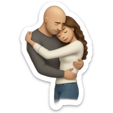 Bald male Hugging a woman with long brown hair for comfort upper body only looking sad sticker
