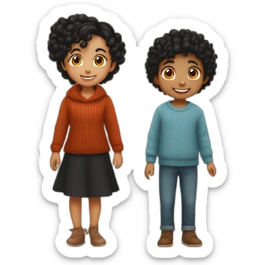 smiling 3 years old indian girl with black curly hair in pigtails wearing a orange dress and smiling 3 years old indian boy with black hair wearing a dark red sweater sticker